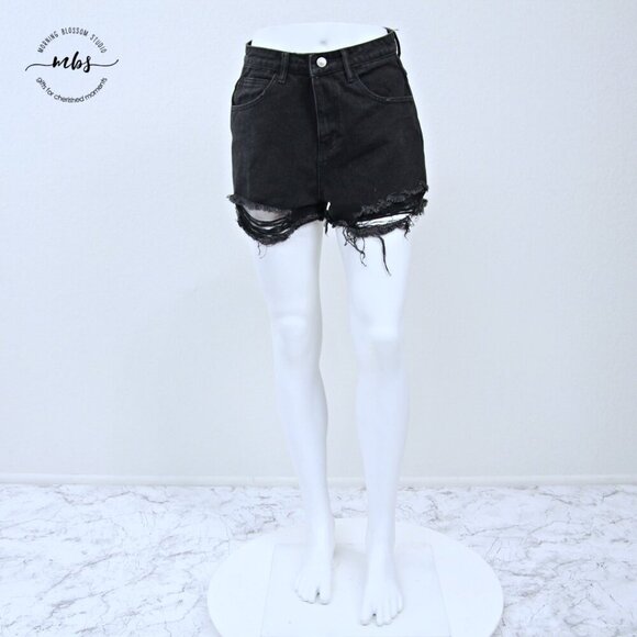 Princess Polly Distressed Denim High Waist Shorts Black Women 4 - Picture 2 of 9
